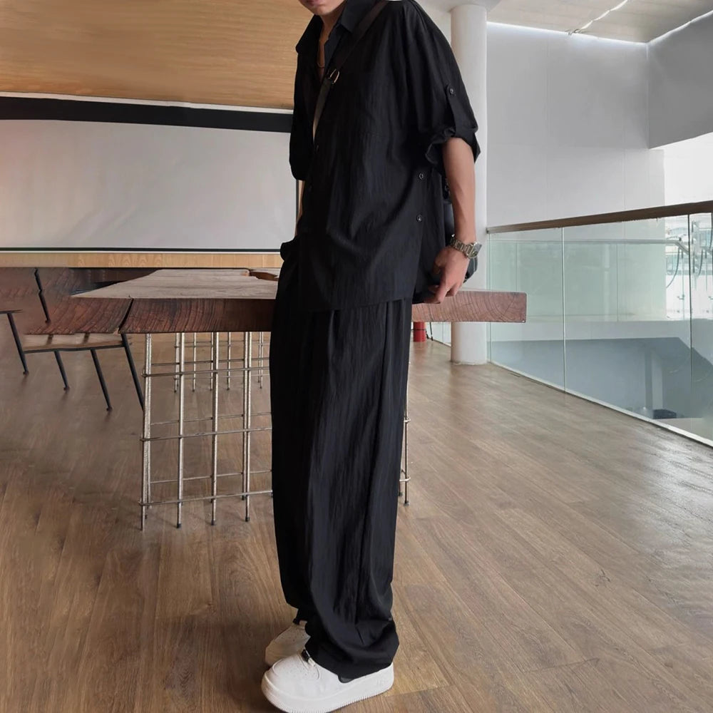 Aidase Mens Casual Light Shirt Wide Leg Pants 2024 New Genderless Fashion Vacation Basics Versatile Solid Color Suit Two-Piece Unisex aidase-shop