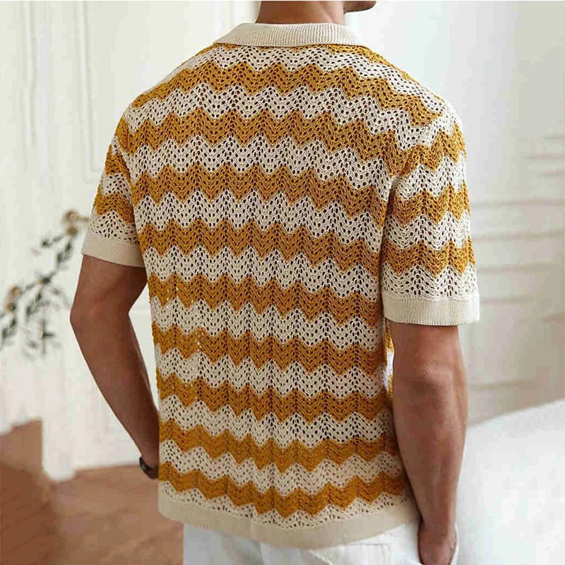 AIDASE  -  Mens Beach Vintage Striped Crochet Knit Cardigans Men Summer Trendy Lapel Button-up Shirt New Casual Hollow Out Knitted Shirts aidase-shop