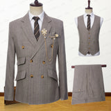 Aidase Latest Summer Men Double Breasted Khaki Linen Suits Vetical Stripe Slim Fit Tuxedos For Wedding 3 Pcs Set Jacket Vest Pants