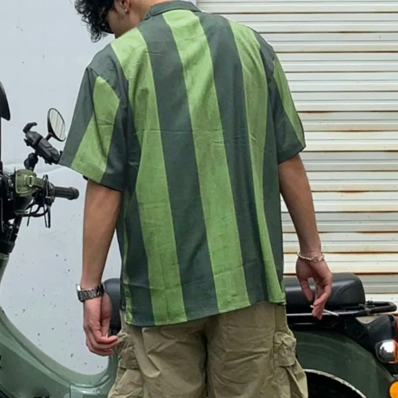 AIDASE  -  Men Shirt Striped Printing Lapel Short Sleeve Loose Casual Men Clothing Summer Streetwear 2025 Fashion Male Shirts Tops aidase-shop