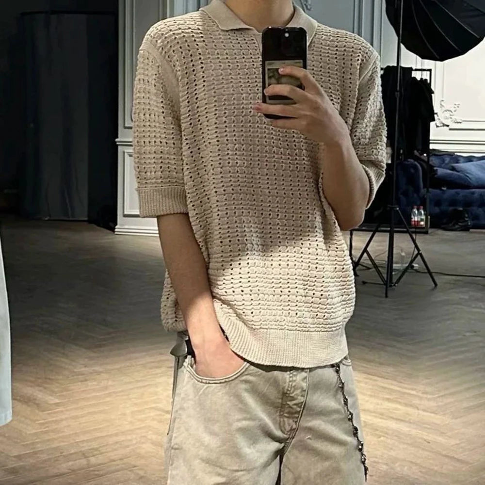 AIDASE  -  Men's Solid Color Hollow Knitted Short-Sleeved T-Shirt American Retro Fashion Trend Loose Casual Breathable Summer Men's Tops aidase-shop