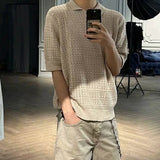AIDASE  -  Men's Solid Color Hollow Knitted Short-Sleeved T-Shirt American Retro Fashion Trend Loose Casual Breathable Summer Men's Tops
