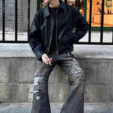 AIDASE  -  Men Clothing Classic Solid Color Leather Jackets For Men's Fall Vintage Outerwear Trendy Zip-up Turn-down Collar PU Leather Coat