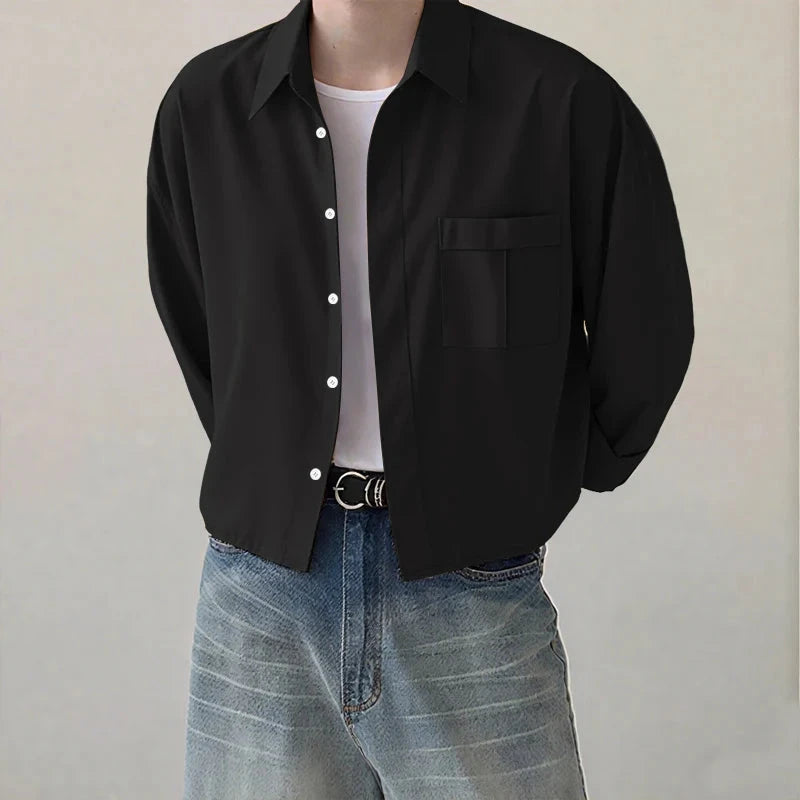 AIDASE  -  Men Casual Shirt Solid Color Lapel Long Sleeve Button Men Clothing Streetwear Loose 2025 Fashion Male Crop Tops Shirts aidase-shop