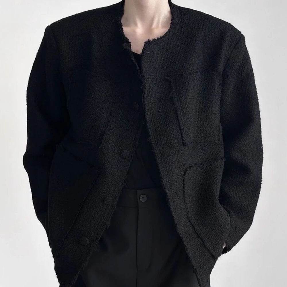 AIDASE  -  Mens Solid Color High-End Jacket Autumn And Winter New Style Raw Edge Design Collarless Loose Top Korean Style Trendy Jacket aidase-shop