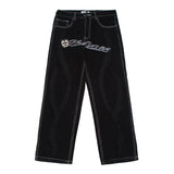 Aidase Letter Patch Embroidery Denim Pants Mens High Street Wide Leg Pants Streetwear Loose Casual Jeans Trousers Men