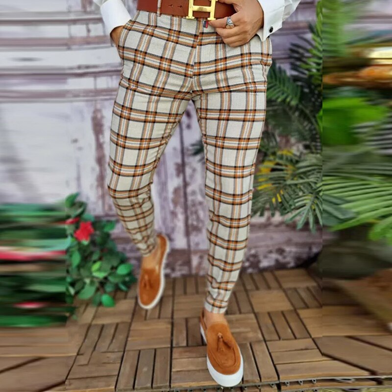 Casual Business Men's Mid Waist Zipper Long Trousers Classic Plaid Print Pencil Pants Men 2021 Autumn Spring Fashion Streetwear aidase-shop