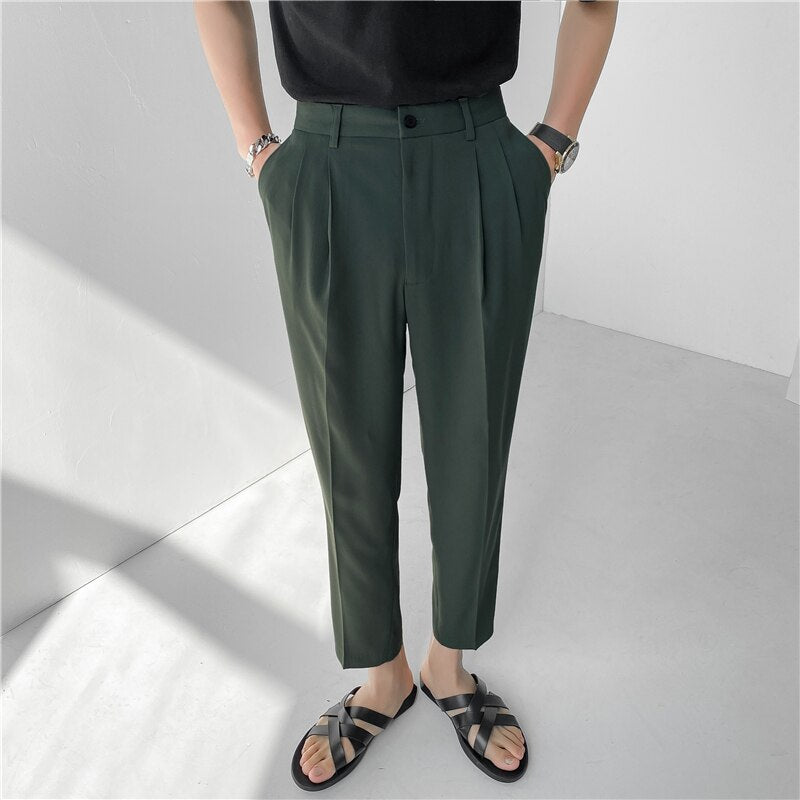 Aidase 2022 New Men's Suit Pants Korean Design Summer Loose Ankle Length Bottoms Elastic Waist Solid Streetwear Cool Casual Clothing aidase-shop