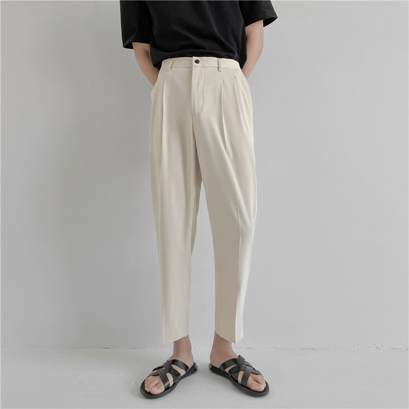 Aidase 2022 New Men's Suit Pants Korean Design Summer Loose Ankle Length Bottoms Elastic Waist Solid Streetwear Cool Casual Clothing aidase-shop
