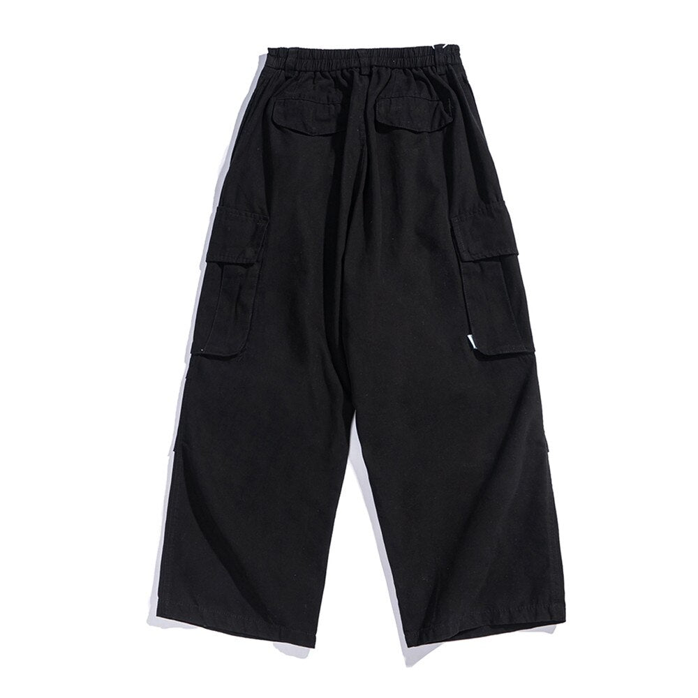 Multi-Pocket Cargo Pants Mens Safari Style Solid Color Pleated Loose Straight-leg Pants Elastic Waist Casual Trousers Men aidase-shop