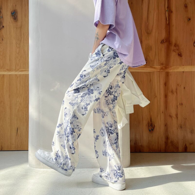 Spring Summer Flower Pants Men's Fashion Printed Casual Pants Men Streetwear Loose Hip-hop Straight Wide-leg Pants Mens Trousers aidase-shop