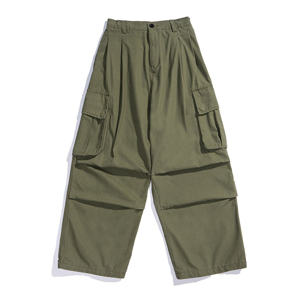 Multi-Pocket Cargo Pants Mens Safari Style Solid Color Pleated Loose Straight-leg Pants Elastic Waist Casual Trousers Men aidase-shop