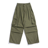Multi-Pocket Cargo Pants Mens Safari Style Solid Color Pleated Loose Straight-leg Pants Elastic Waist Casual Trousers Men aidase-shop