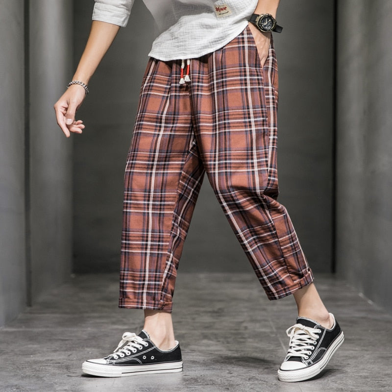 Chinese Style Baggy Pants Black Plaid Casual Pants Mens Streetwear Harem Pants Male Checkered Trousers Plus Size Men Joggers aidase-shop
