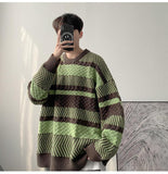 Aidase Korean Fashion Patchwork Striped Round Neck Sweater Men Autumn and Winter Thick Sweater Harajuku Loose Retro Japanese Pullover aidase-shop