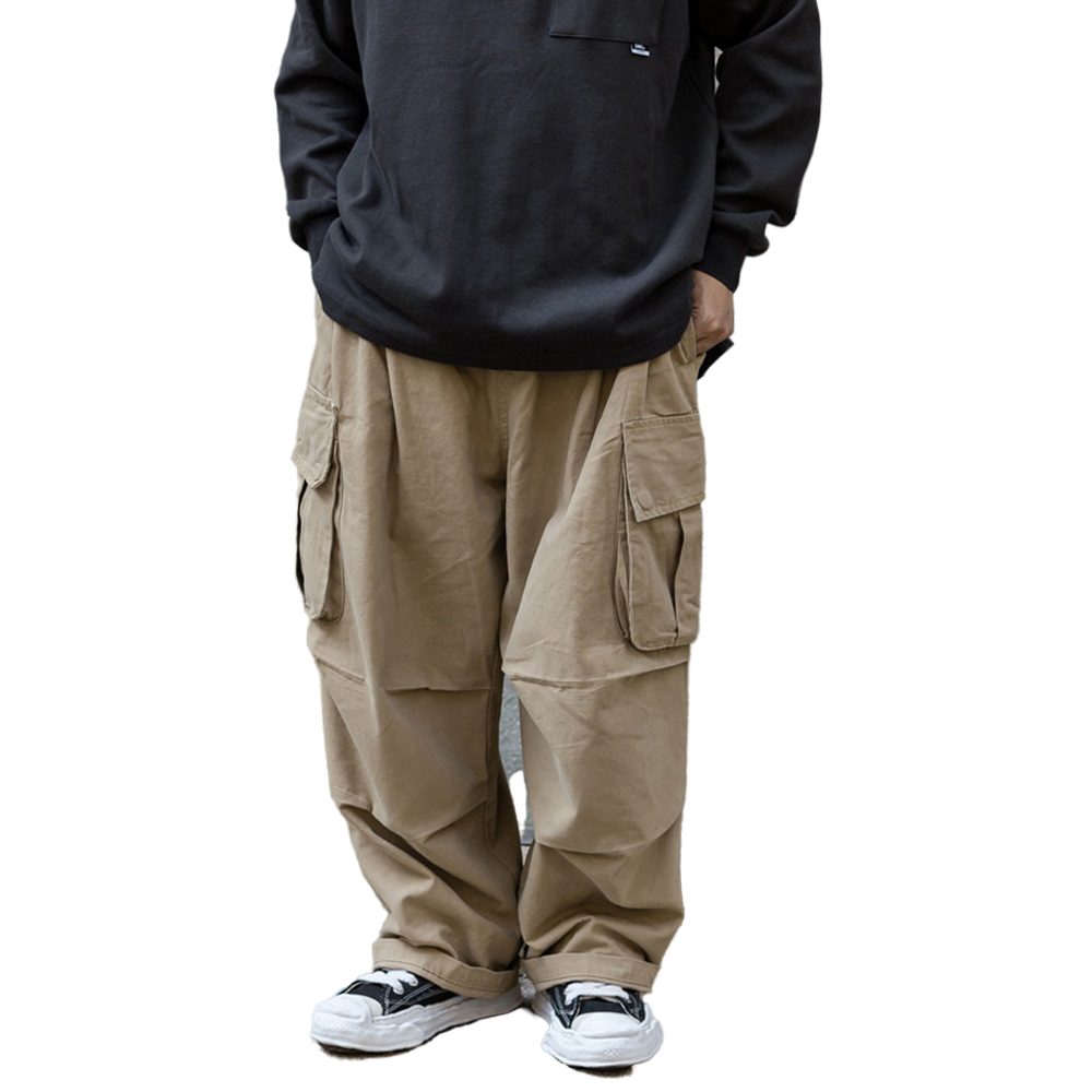 Multi-Pocket Cargo Pants Mens Safari Style Solid Color Pleated Loose Straight-leg Pants Elastic Waist Casual Trousers Men aidase-shop