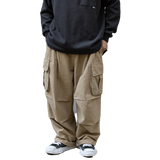 Multi-Pocket Cargo Pants Mens Safari Style Solid Color Pleated Loose Straight-leg Pants Elastic Waist Casual Trousers Men