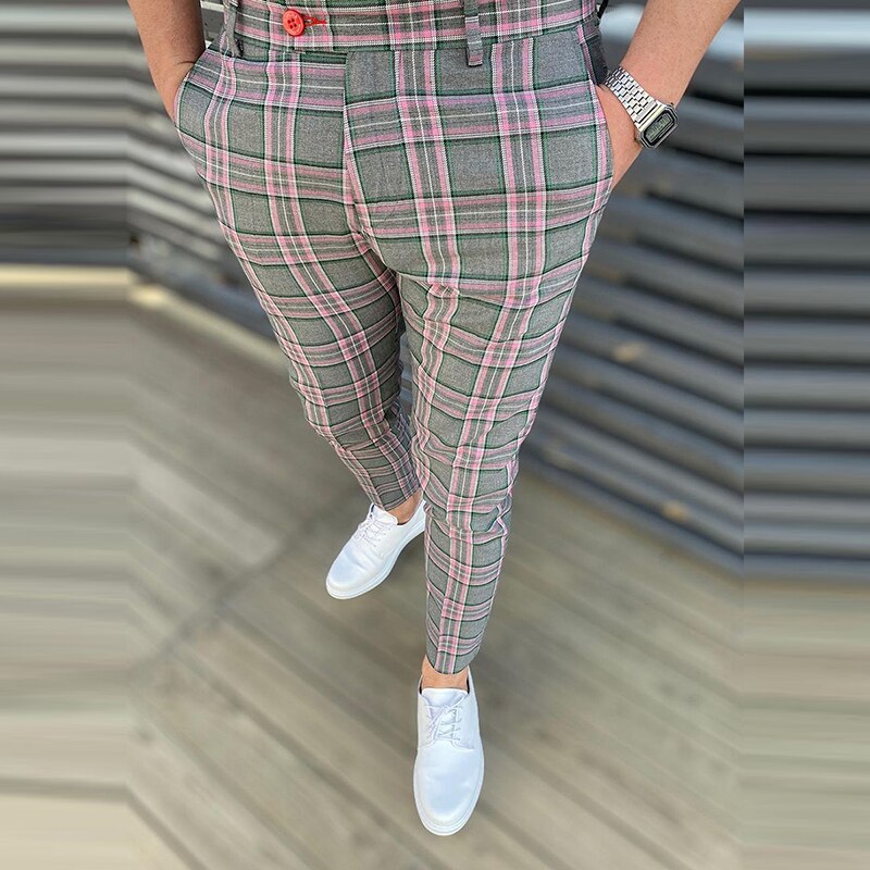 Casual Business Men's Mid Waist Zipper Long Trousers Classic Plaid Print Pencil Pants Men 2021 Autumn Spring Fashion Streetwear aidase-shop