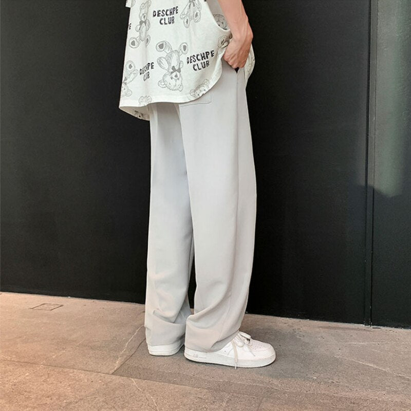 Aidase Men Casual Pants Loose Straight Wide Leg Full Length Trousers Summer Ice-silk Satin Breathable Daily Bottoms Korean Style Trendy aidase-shop