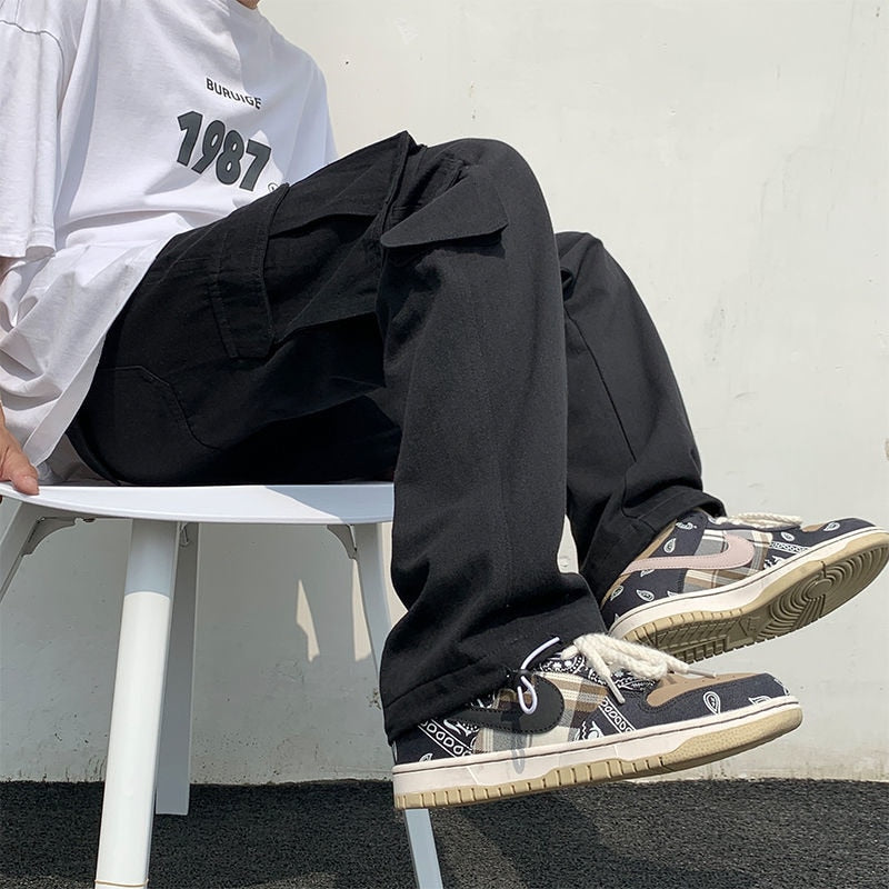 Black/white Casual Pants Men's Fashion Loose Straight Wide Leg Pants Men Streetwear Hip-hop Pocket Cargo Pants Mens Trousers aidase-shop