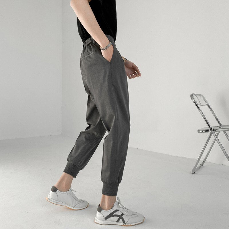 Aidase 2021 New Summer Men's White Suit Pants Korean Stylish Trousers Male Elastic Waist Solid Tapered Ankle Length Casual Pants Man aidase-shop