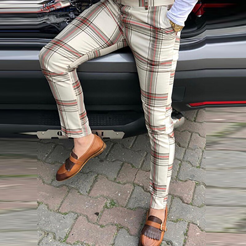 Casual Business Men's Mid Waist Zipper Long Trousers Classic Plaid Print Pencil Pants Men 2021 Autumn Spring Fashion Streetwear aidase-shop