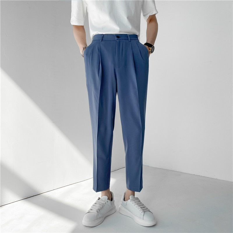Aidase 2022 New Men's Suit Pants Korean Design Summer Loose Ankle Length Bottoms Elastic Waist Solid Streetwear Cool Casual Clothing aidase-shop