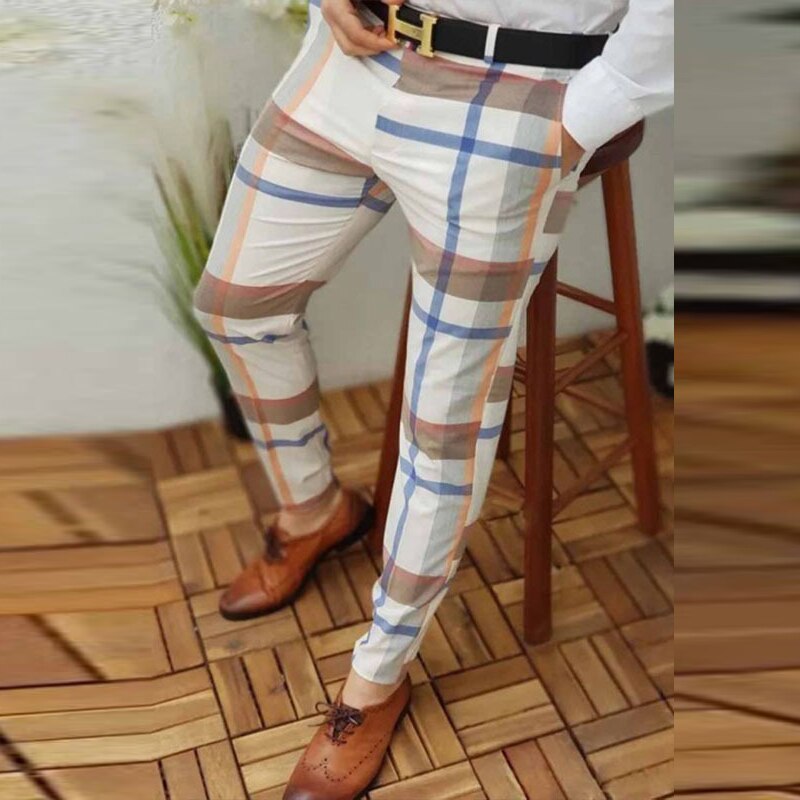 Casual Business Men's Mid Waist Zipper Long Trousers Classic Plaid Print Pencil Pants Men 2021 Autumn Spring Fashion Streetwear aidase-shop