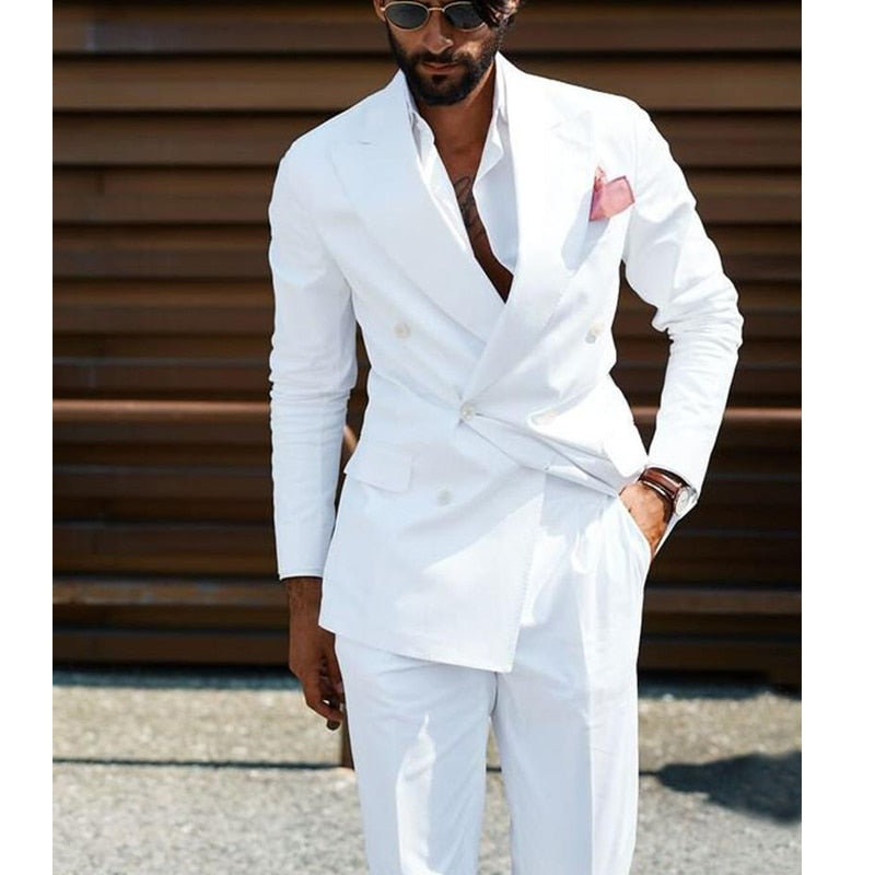 Aidase Double Breasted Men Suits White Slim Fit Wedding Tuxedo for Groom 2 Piece Casual Style Male Fashion Jacket with Pants 2021 aidase-shop