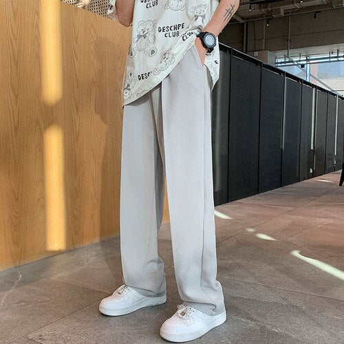 Aidase Men Casual Pants Loose Straight Wide Leg Full Length Trousers Summer Ice-silk Satin Breathable Daily Bottoms Korean Style Trendy aidase-shop