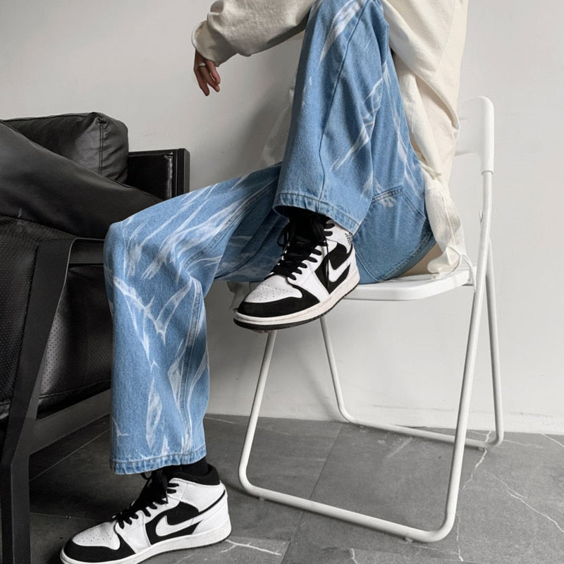 Hip-hop Tie-dye Jeans Men Fashion Retro Casual Baggy Wide-leg Jeans Mens Streetwear Korean Loose Camo Straight Denim Pants Men aidase-shop