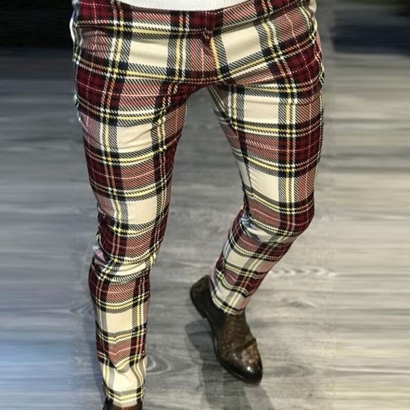 Casual Business Men's Mid Waist Zipper Long Trousers Classic Plaid Print Pencil Pants Men 2021 Autumn Spring Fashion Streetwear aidase-shop