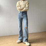Men Broken Hole Small Boot Cut Casual Denim Pant Male Streetwear Hip Hop Vintage Fashion Loose Jeans Trousers aidase-shop