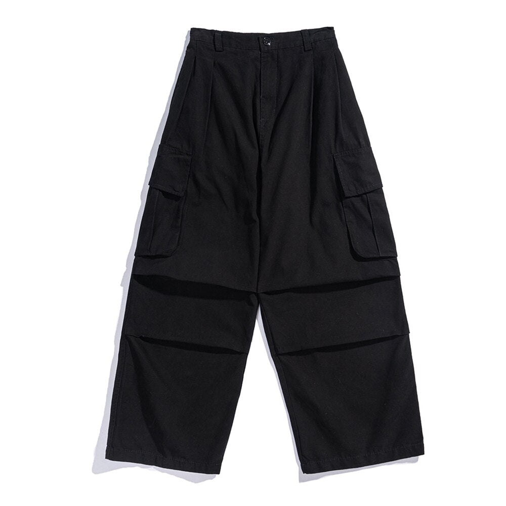 Multi-Pocket Cargo Pants Mens Safari Style Solid Color Pleated Loose Straight-leg Pants Elastic Waist Casual Trousers Men aidase-shop