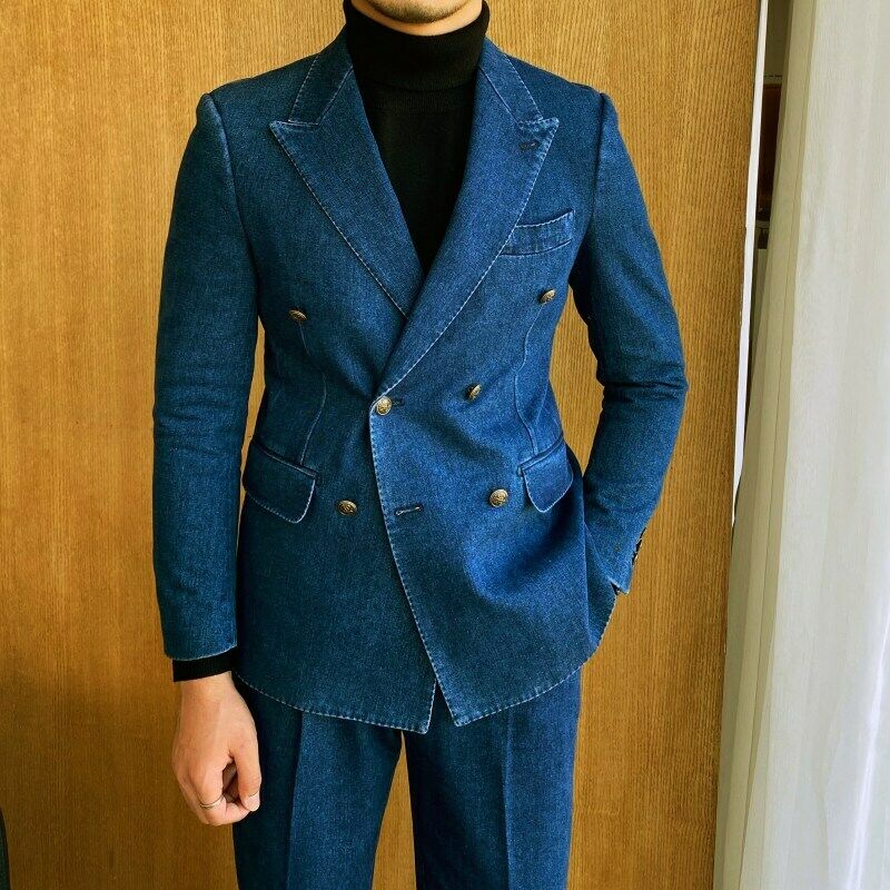 Business Men Suits Tailor-Made 2 Pieces Men's Denim Jackets Blazer Casual Jeans Cotton Coats Pants Cowboy Prom Suits aidase-shop