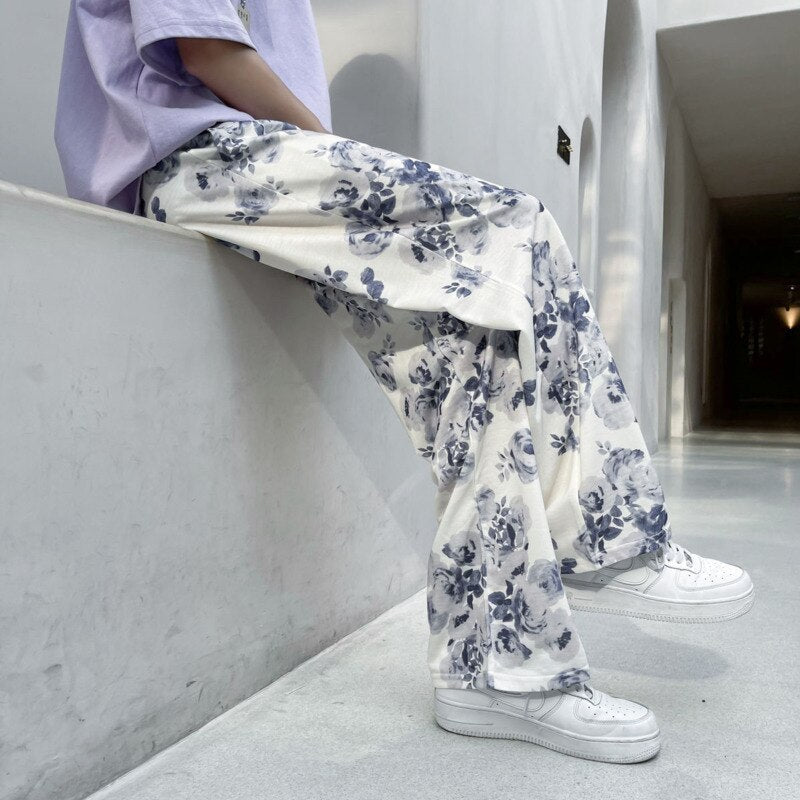 Spring Summer Flower Pants Men's Fashion Printed Casual Pants Men Streetwear Loose Hip-hop Straight Wide-leg Pants Mens Trousers aidase-shop