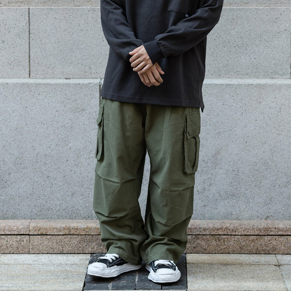 Multi-Pocket Cargo Pants Mens Safari Style Solid Color Pleated Loose Straight-leg Pants Elastic Waist Casual Trousers Men aidase-shop