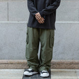 Multi-Pocket Cargo Pants Mens Safari Style Solid Color Pleated Loose Straight-leg Pants Elastic Waist Casual Trousers Men aidase-shop