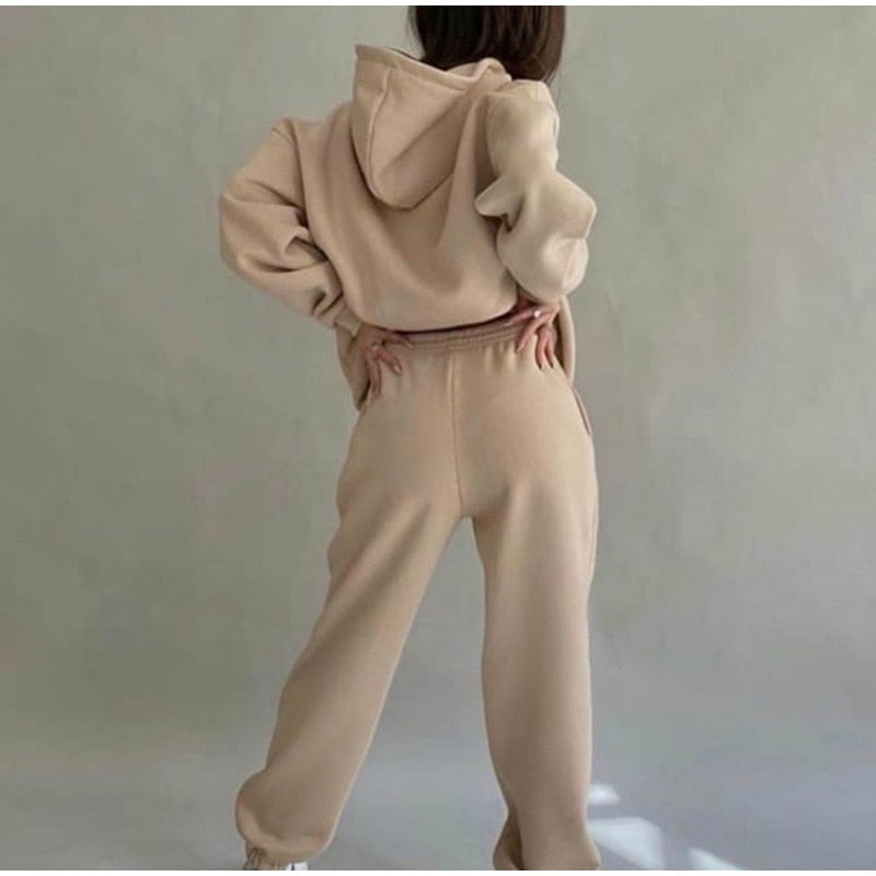 Women's Tracksuit Casual Solid Long Sleeve Hooded Sport Suits Autumn Warm Hoodie Sweatshirts and Long Pant Fleece Two Piece Sets aidase-shop