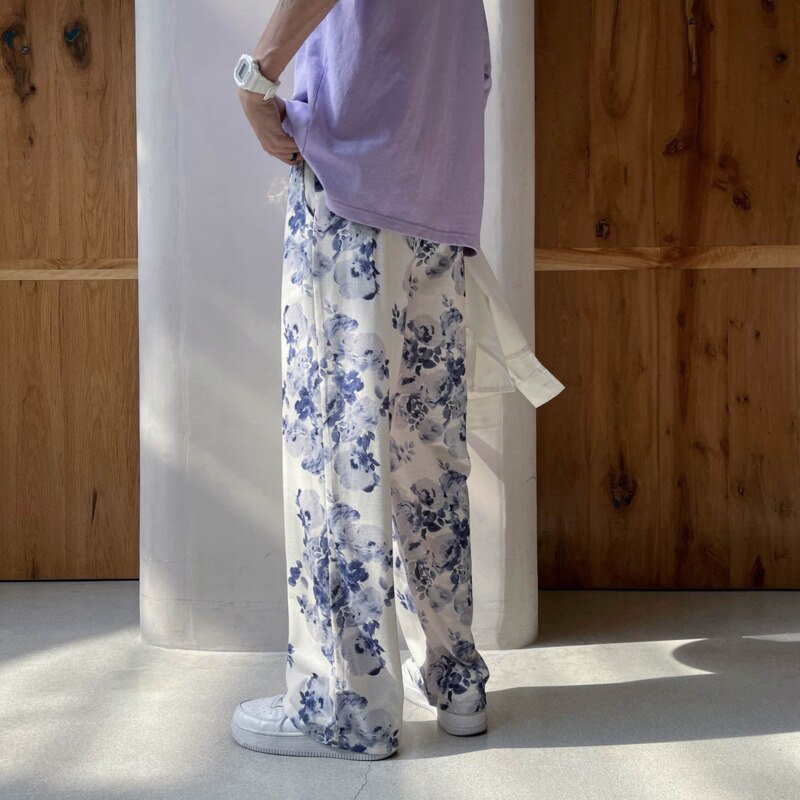 Spring Summer Flower Pants Men's Fashion Printed Casual Pants Men Streetwear Loose Hip-hop Straight Wide-leg Pants Mens Trousers aidase-shop