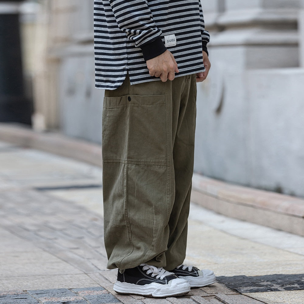 Multi-Pocket Cargo Pants Mens Safari Style Solid Color Casual Pants Loose Elastic Waist Wide Leg Pants Trousers Men aidase-shop