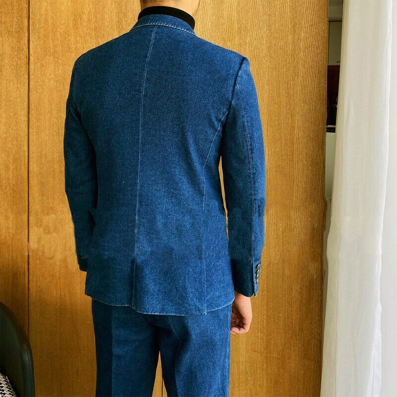 Business Men Suits Tailor-Made 2 Pieces Men's Denim Jackets Blazer Casual Jeans Cotton Coats Pants Cowboy Prom Suits aidase-shop