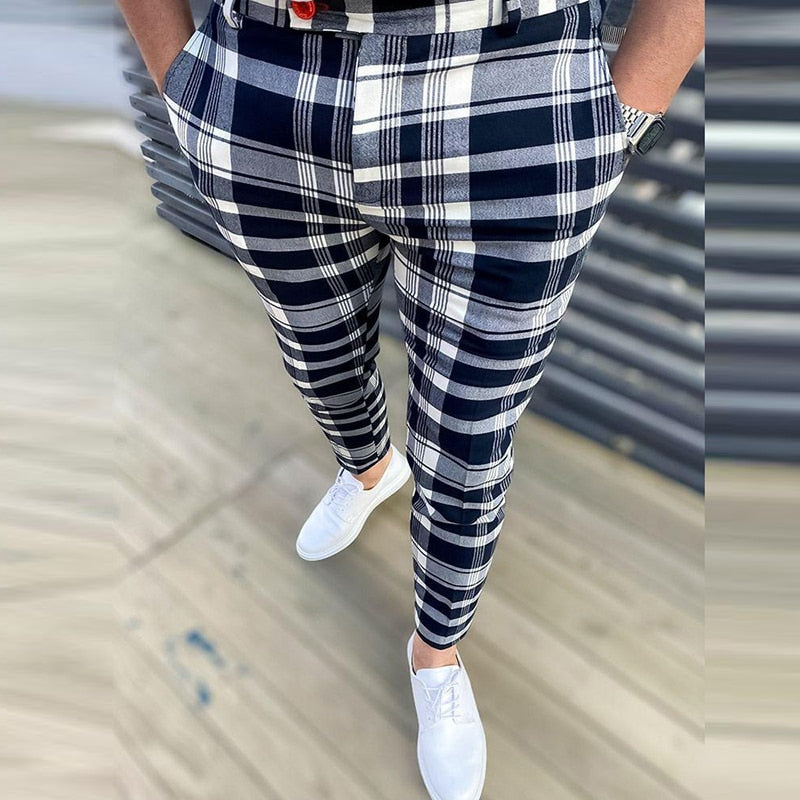 Casual Business Men's Mid Waist Zipper Long Trousers Classic Plaid Print Pencil Pants Men 2021 Autumn Spring Fashion Streetwear aidase-shop