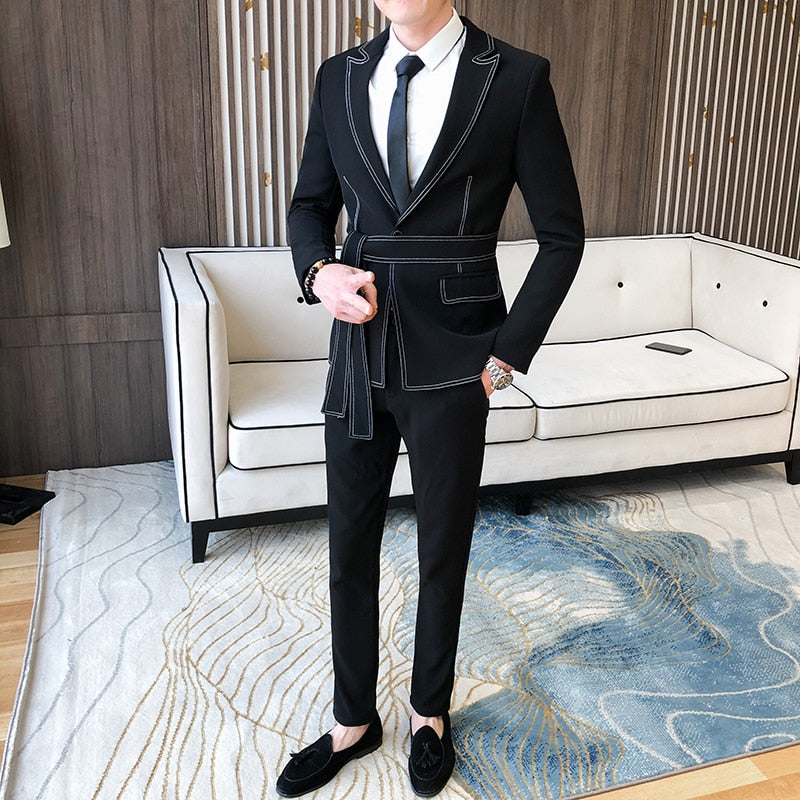 Aidase Spring New Suit Men Single Button Mens Slim Fit Suits with Pant Casual Stage Wedding Dress Belt Prom Tuxedo Costume Homme aidase-shop