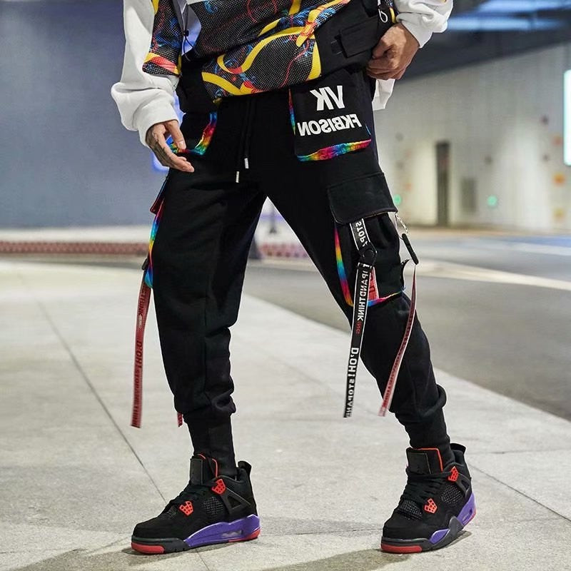 Aidase Joggers Cargo Pants for Men Casual Hip Hop Hit Color Pocket Male Trousers Sweatpants Streetwear Ribbons Techwear Pants aidase-shop