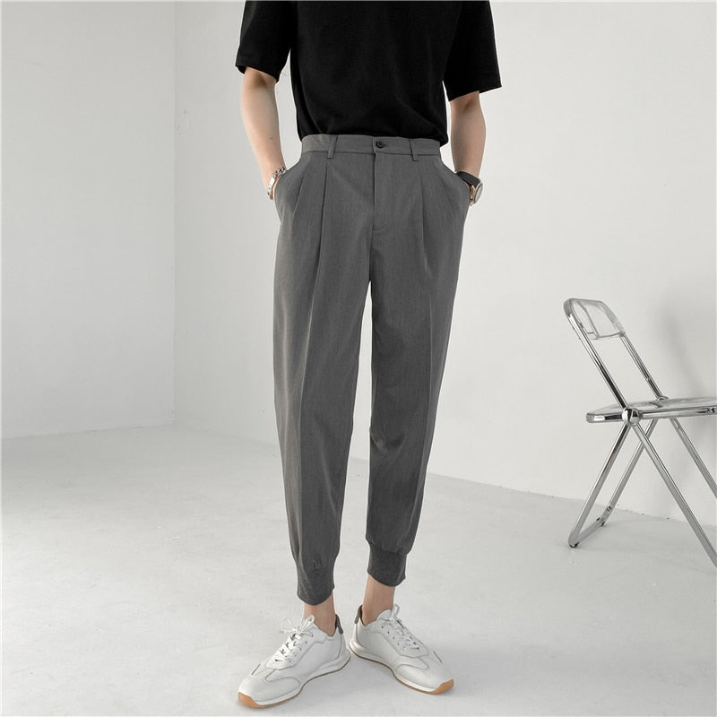 Aidase 2022 New Men's Suit Pants Korean Design Summer Loose Ankle Length Bottoms Elastic Waist Solid Streetwear Cool Casual Clothing aidase-shop
