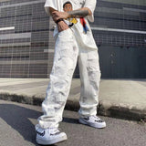 Aidase  Men's Fashion High Street Holes Jeans Trend American Casual Pants Loose White/black Straight Pants Hip-hop Style Trousers