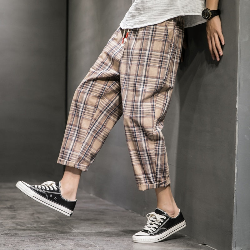 Chinese Style Baggy Pants Black Plaid Casual Pants Mens Streetwear Harem Pants Male Checkered Trousers Plus Size Men Joggers aidase-shop