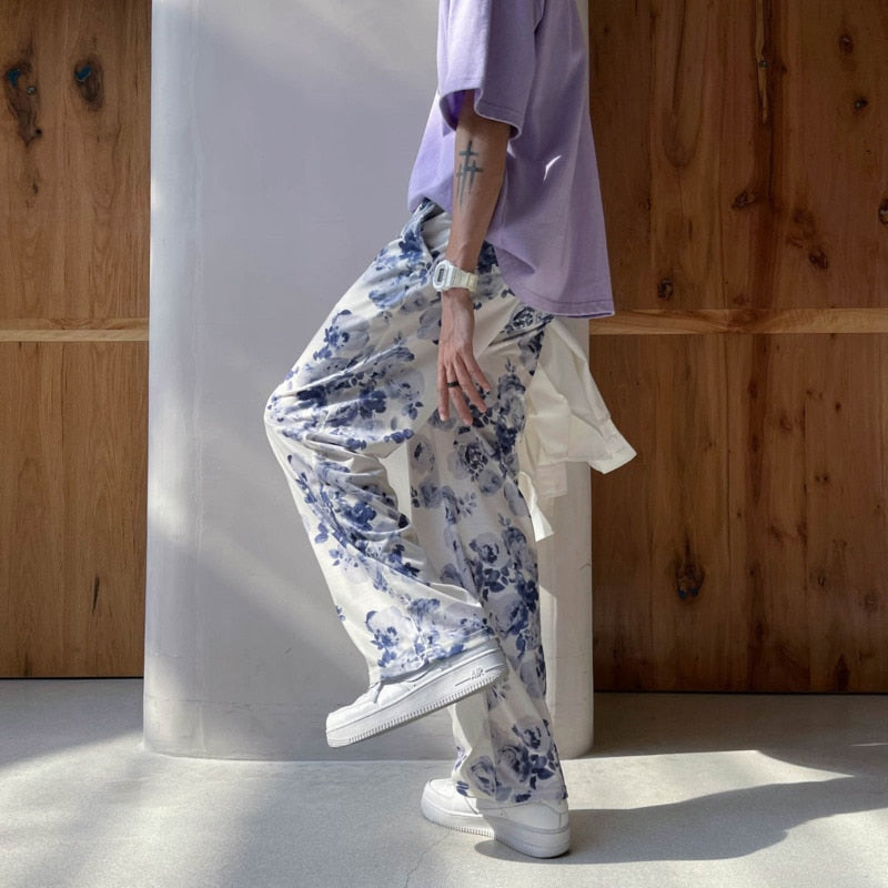 Spring Summer Flower Pants Men's Fashion Printed Casual Pants Men Streetwear Loose Hip-hop Straight Wide-leg Pants Mens Trousers aidase-shop