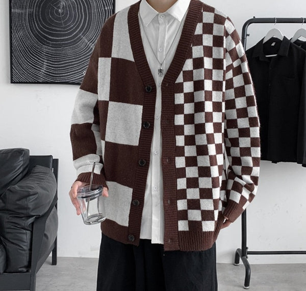 Aidase Casual Cardigan Men Loose Checkerboard Plaid Fashion